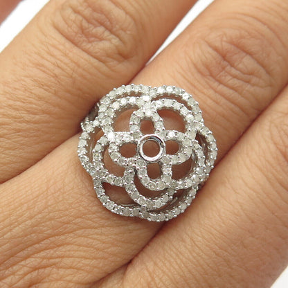 925 Sterling Silver Real White Diamond Floral Cocktail Ring Size 7