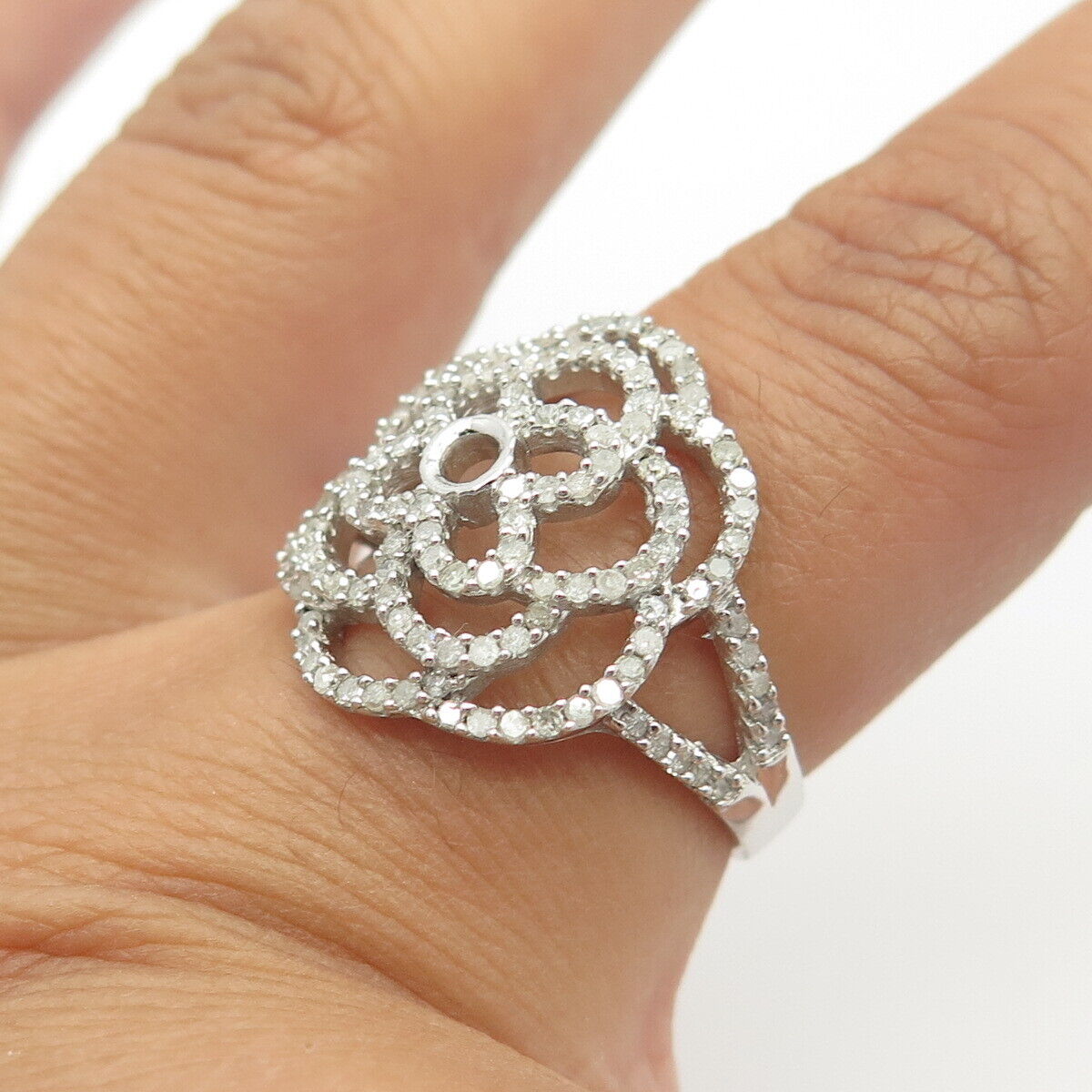 925 Sterling Silver Real White Diamond Floral Cocktail Ring Size 7