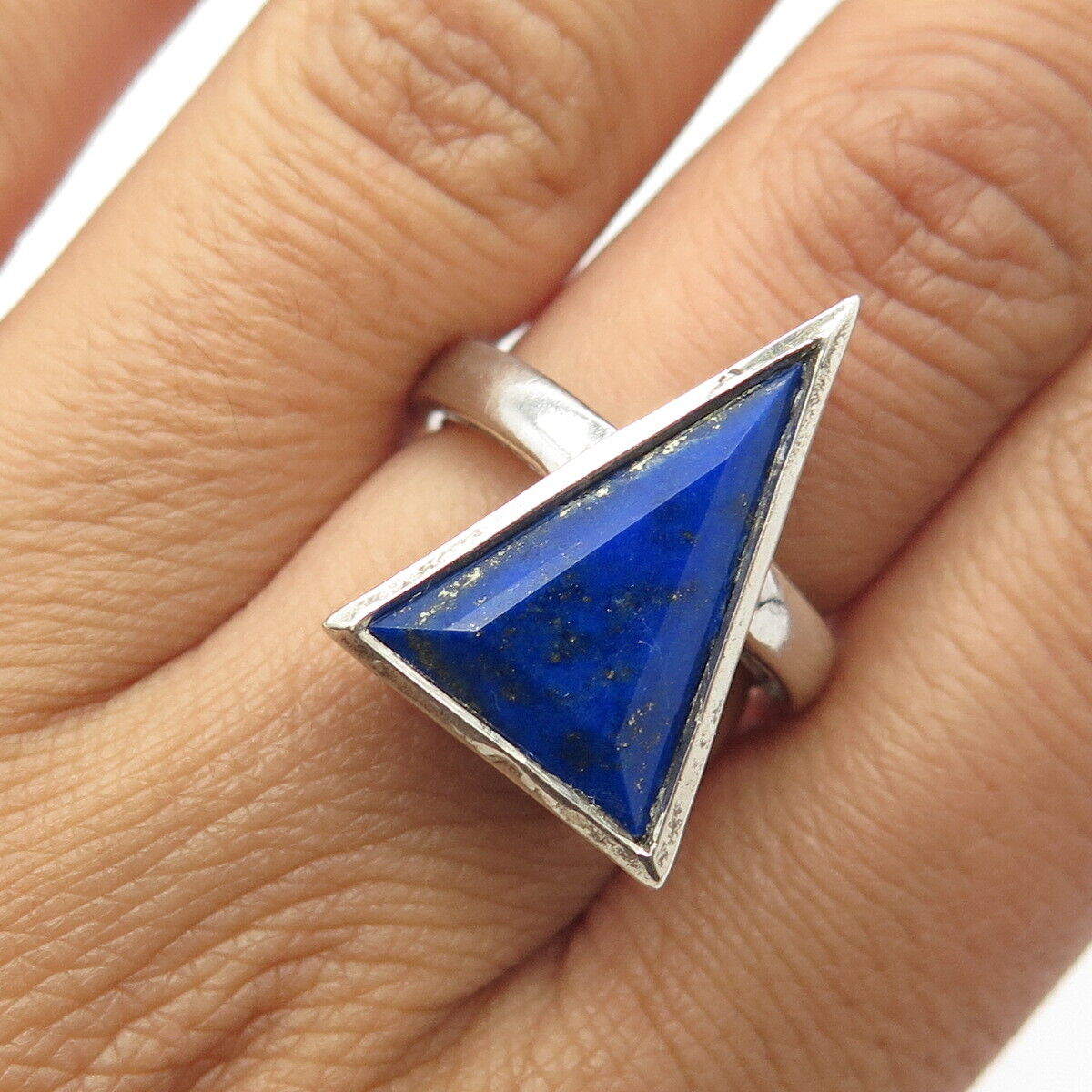 925 Sterling Silver Chuck Clemency Real Lapis Lazuli Gem Triangle Ring Size 6.5