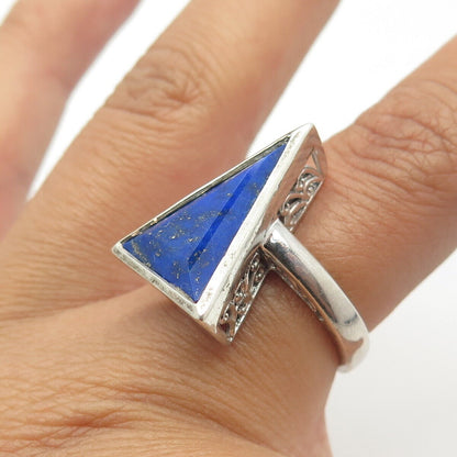 925 Sterling Silver Chuck Clemency Real Lapis Lazuli Gem Triangle Ring Size 6.5