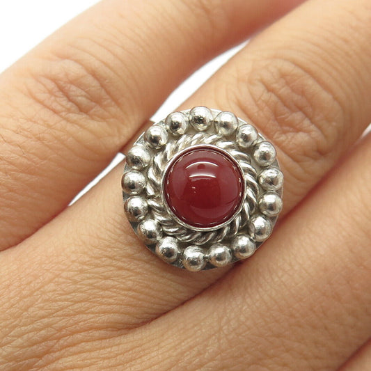 925 Sterling Silver Vintage Ecuador Real Carnelian Gemstone Bead Ring Size 7.25