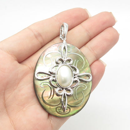 925 Sterling Silver Real Pearl & Abalone Shell Cross Oval Pendant