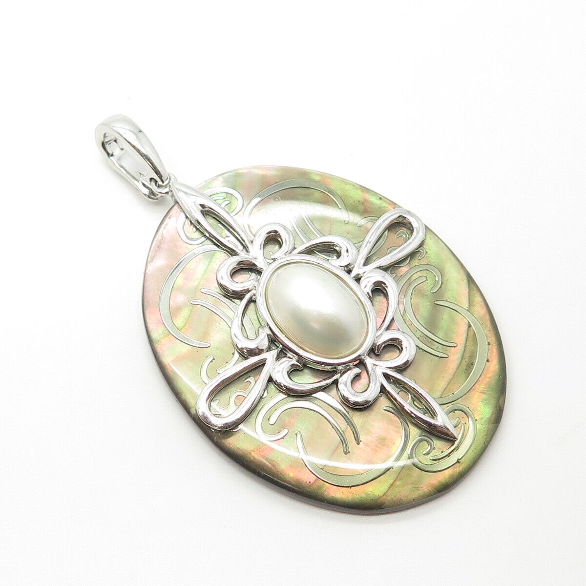 925 Sterling Silver Real Pearl & Abalone Shell Cross Oval Pendant