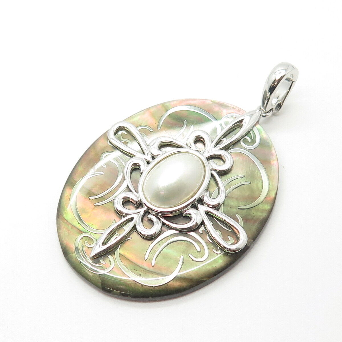 925 Sterling Silver Real Pearl & Abalone Shell Cross Oval Pendant