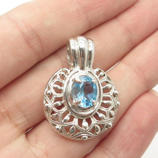 925 Sterling Silver Vintage Real Blue Topaz Gemstone Ornate Pendant