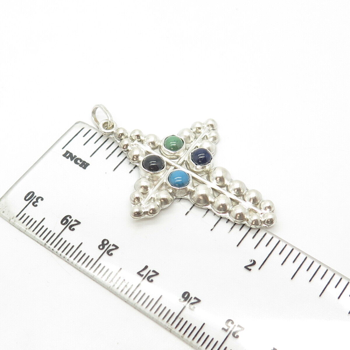 925 Sterling Silver Vintage Turquoise Lapis Lazuli Black Onyx Gem Cross Pendant