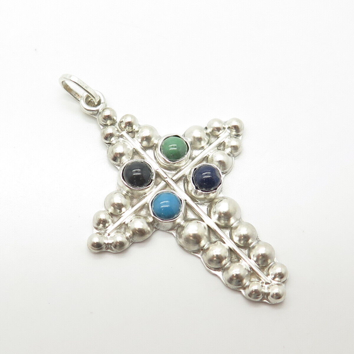 925 Sterling Silver Vintage Turquoise Lapis Lazuli Black Onyx Gem Cross Pendant