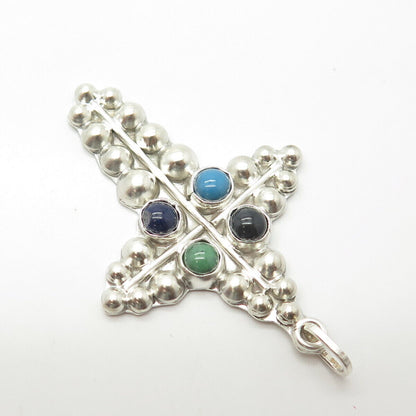 925 Sterling Silver Vintage Turquoise Lapis Lazuli Black Onyx Gem Cross Pendant