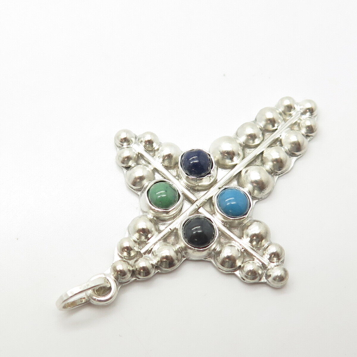 925 Sterling Silver Vintage Turquoise Lapis Lazuli Black Onyx Gem Cross Pendant