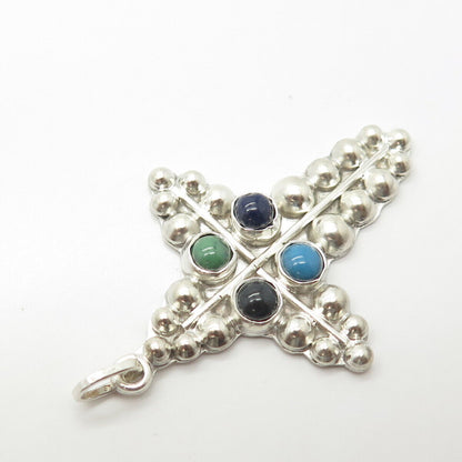 925 Sterling Silver Vintage Turquoise Lapis Lazuli Black Onyx Gem Cross Pendant