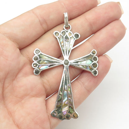 925 Sterling Silver Vintage Real Abalone Shell Cross Pendant