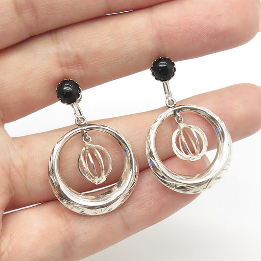 925 Sterling Silver Vintage Real Black Onyx Gemstone Dangling Earrings