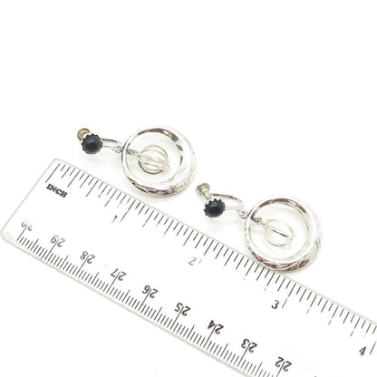 925 Sterling Silver Vintage Real Black Onyx Gemstone Dangling Earrings