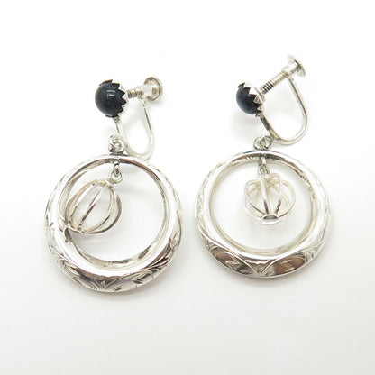 925 Sterling Silver Vintage Real Black Onyx Gemstone Dangling Earrings