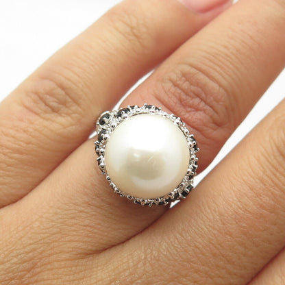 925 Sterling Silver Real Pearl & Black Spinel Ring Size 5