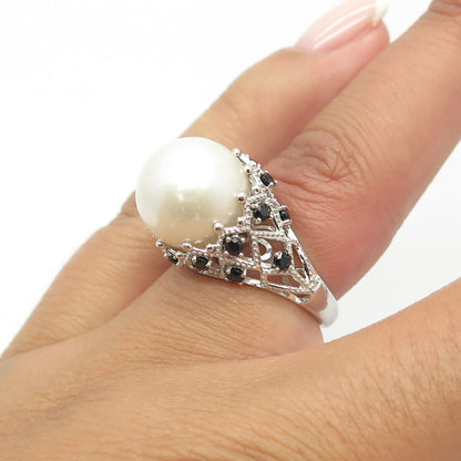 925 Sterling Silver Real Pearl & Black Spinel Ring Size 5