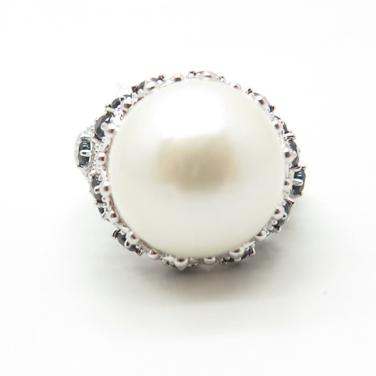 925 Sterling Silver Real Pearl & Black Spinel Ring Size 5