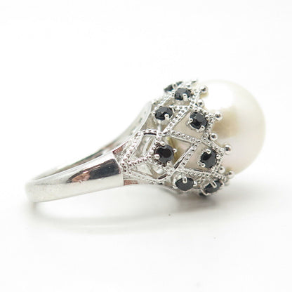 925 Sterling Silver Real Pearl & Black Spinel Ring Size 5