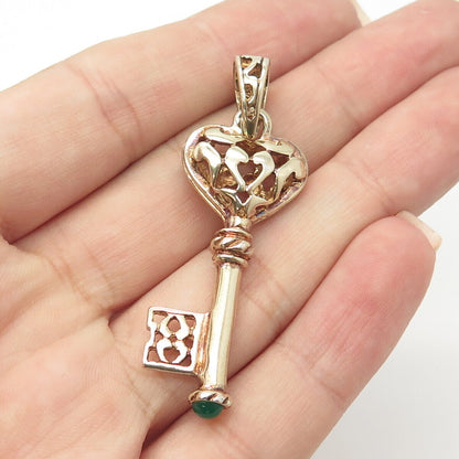 925 Sterling Silver Vintage Italy Real Green Onyx Key Loving Heart Pendant