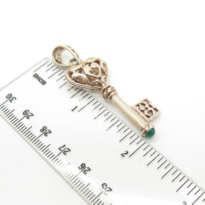 925 Sterling Silver Vintage Italy Real Green Onyx Key Loving Heart Pendant