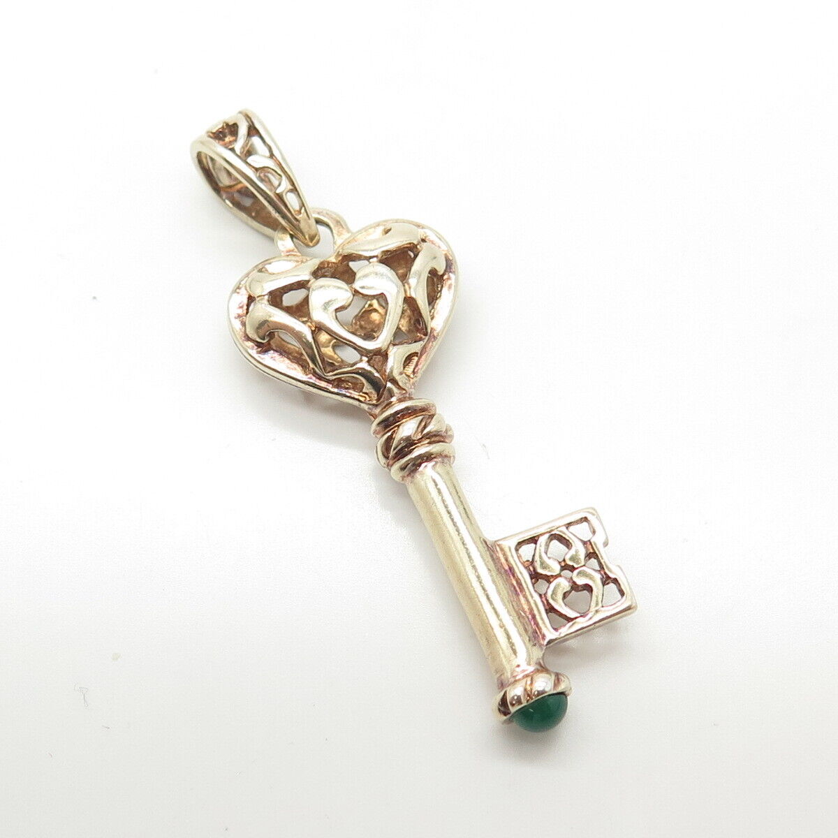 925 Sterling Silver Vintage Italy Real Green Onyx Key Loving Heart Pendant