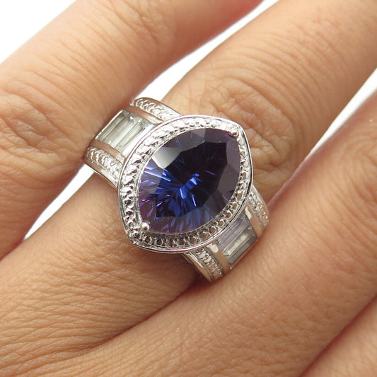 925 Sterling Silver Marquise-Cut Shaped Lab-Peacock Sapphire & Topaz Ring Size 7