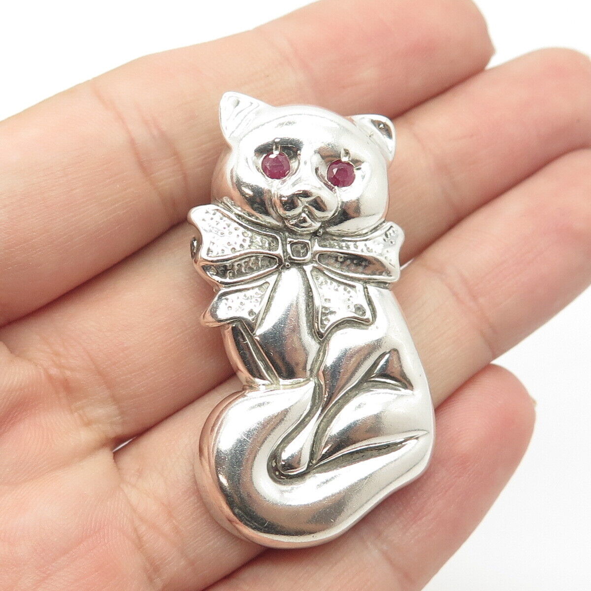 925 Sterling Silver Vintage Real Ruby Cat Ribbon Bow Pendant / Pin Brooch