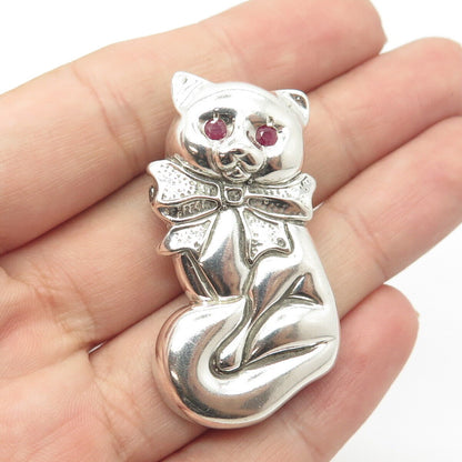 925 Sterling Silver Vintage Real Ruby Cat Ribbon Bow Pendant / Pin Brooch