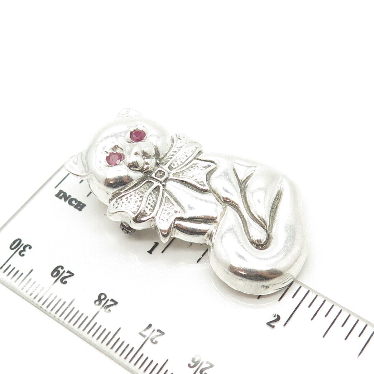 925 Sterling Silver Vintage Real Ruby Cat Ribbon Bow Pendant / Pin Brooch