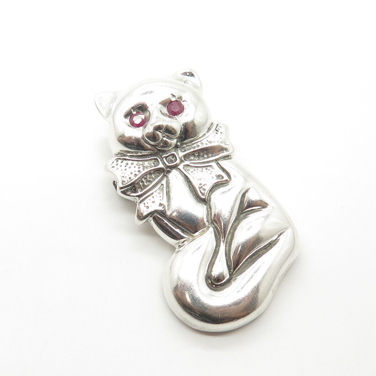 925 Sterling Silver Vintage Real Ruby Cat Ribbon Bow Pendant / Pin Brooch