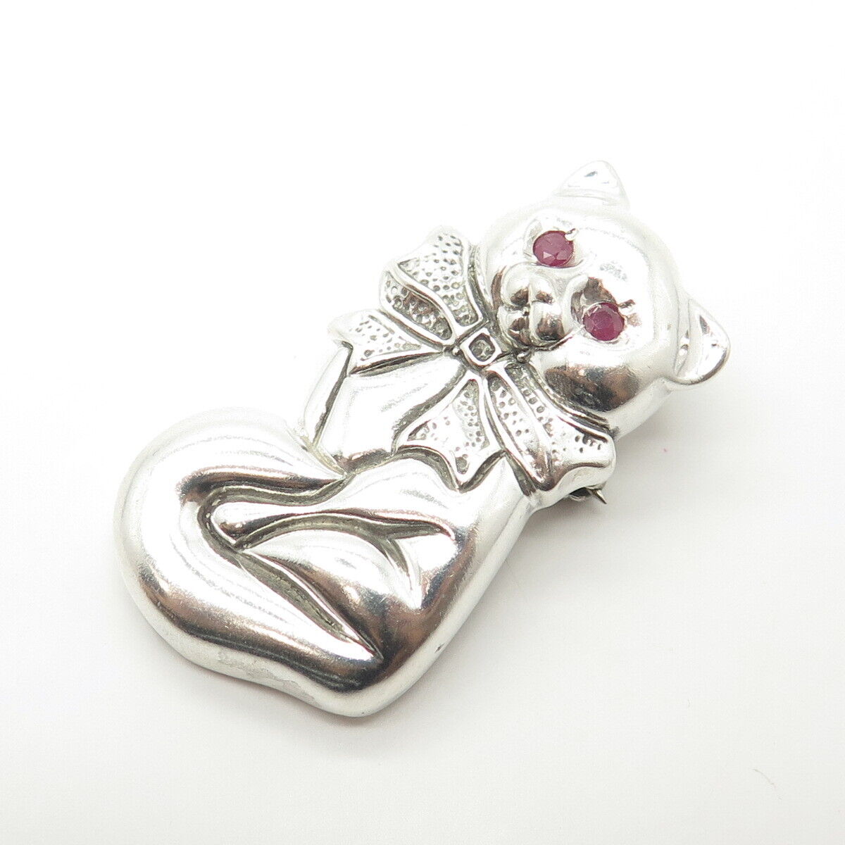 925 Sterling Silver Vintage Real Ruby Cat Ribbon Bow Pendant / Pin Brooch