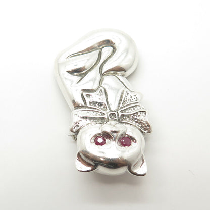 925 Sterling Silver Vintage Real Ruby Cat Ribbon Bow Pendant / Pin Brooch