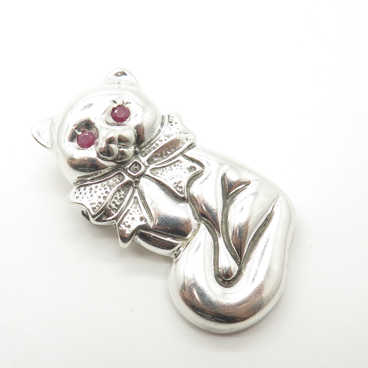 925 Sterling Silver Vintage Real Ruby Cat Ribbon Bow Pendant / Pin Brooch