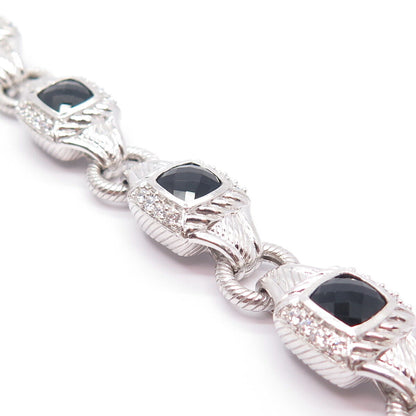 925 Sterling Silver Judith Ripka Melanite Gem  & C Z Square Link Bracelet 7.5''