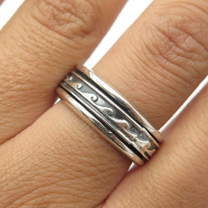 925 Sterling Silver Vintage Viking Wave Rotating Band Ring Size 8.5