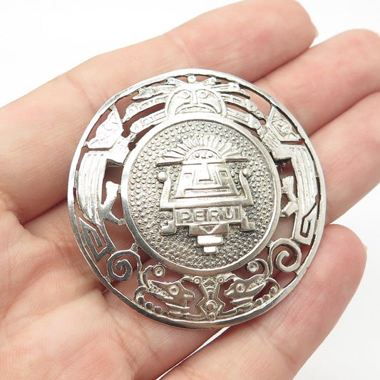 925 Sterling Silver Vintage PMD Peru Goddess Tribal Large Round Pin Brooch