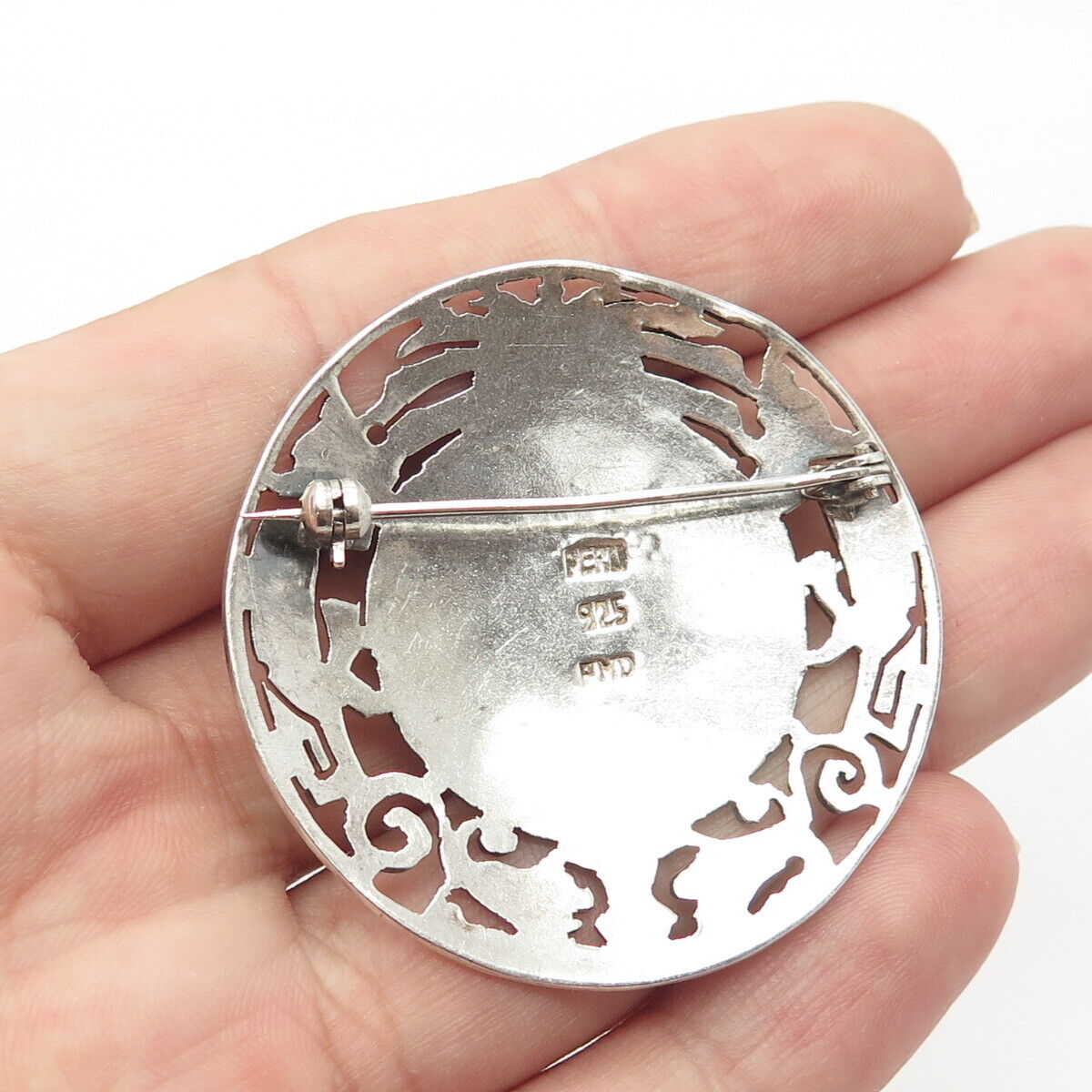 925 Sterling Silver Vintage PMD Peru Goddess Tribal Large Round Pin Brooch