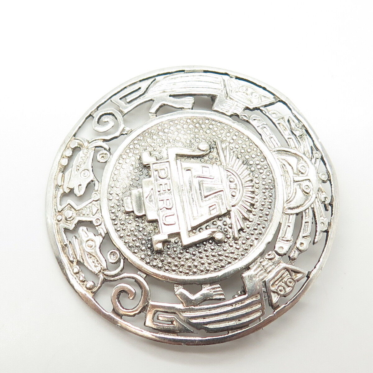 925 Sterling Silver Vintage PMD Peru Goddess Tribal Large Round Pin Brooch
