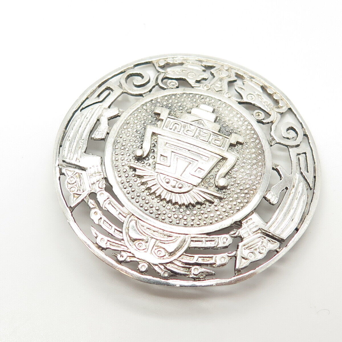 925 Sterling Silver Vintage PMD Peru Goddess Tribal Large Round Pin Brooch