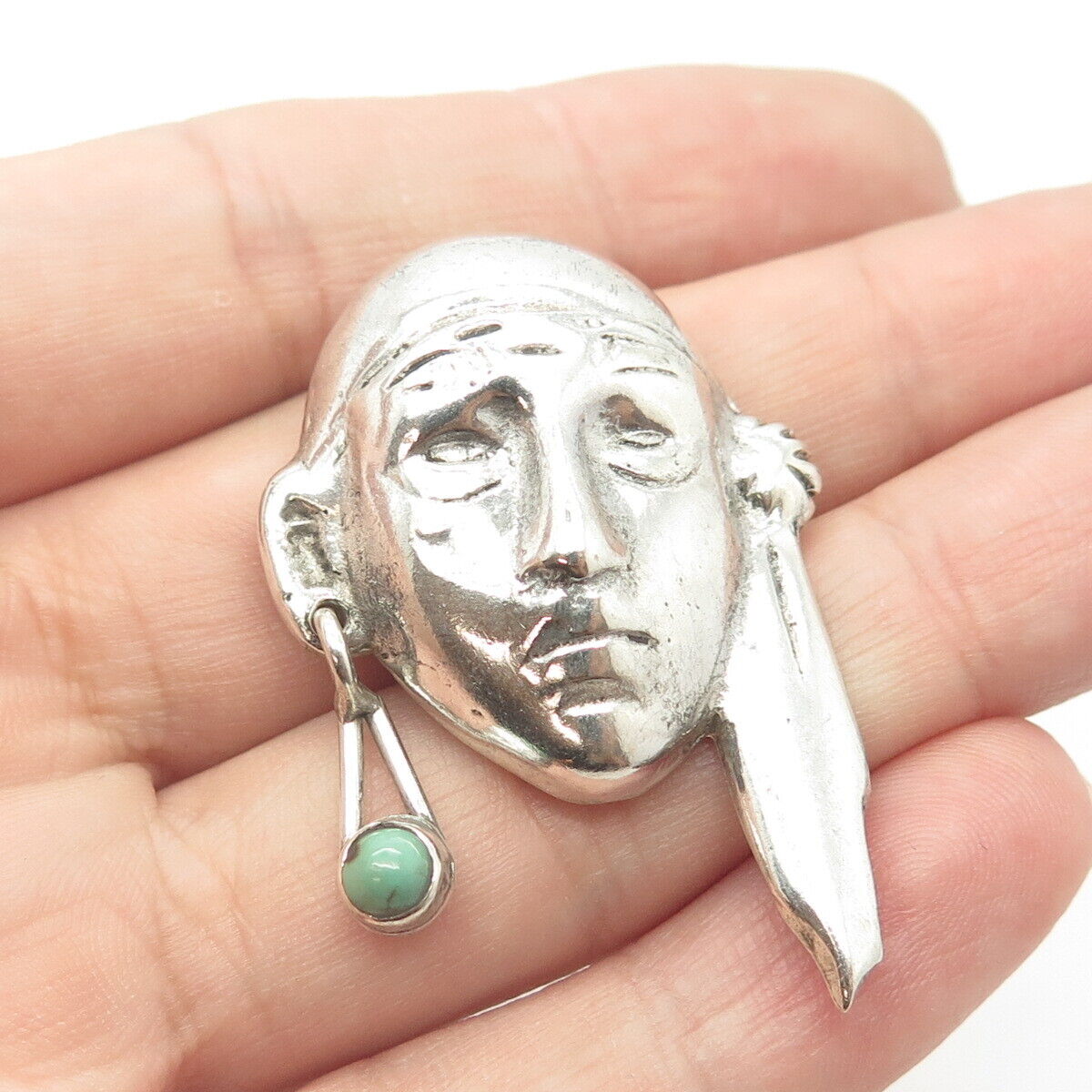 925 Sterling Silver Vintage Mexico Turquoise Tribal Indian Brave Face Pin Brooch