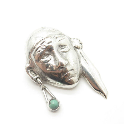 925 Sterling Silver Vintage Mexico Turquoise Tribal Indian Brave Face Pin Brooch