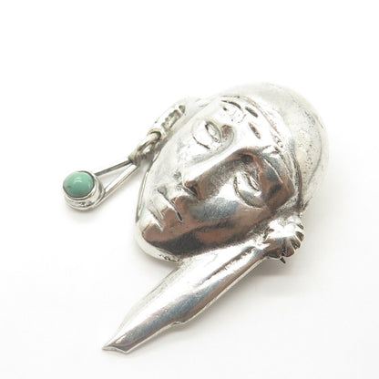 925 Sterling Silver Vintage Mexico Turquoise Tribal Indian Brave Face Pin Brooch