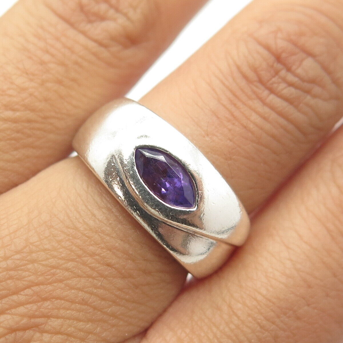 925 Sterling Silver Vintage Real Marquise-Cut Shaped Amethyst Gem Ring Size 7