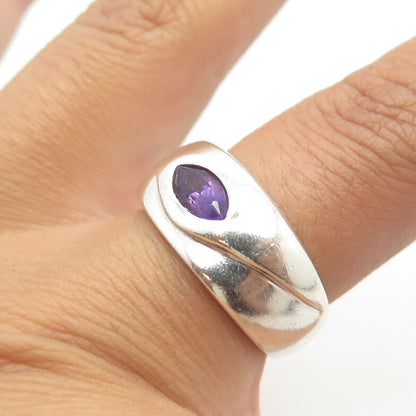 925 Sterling Silver Vintage Real Marquise-Cut Shaped Amethyst Gem Ring Size 7