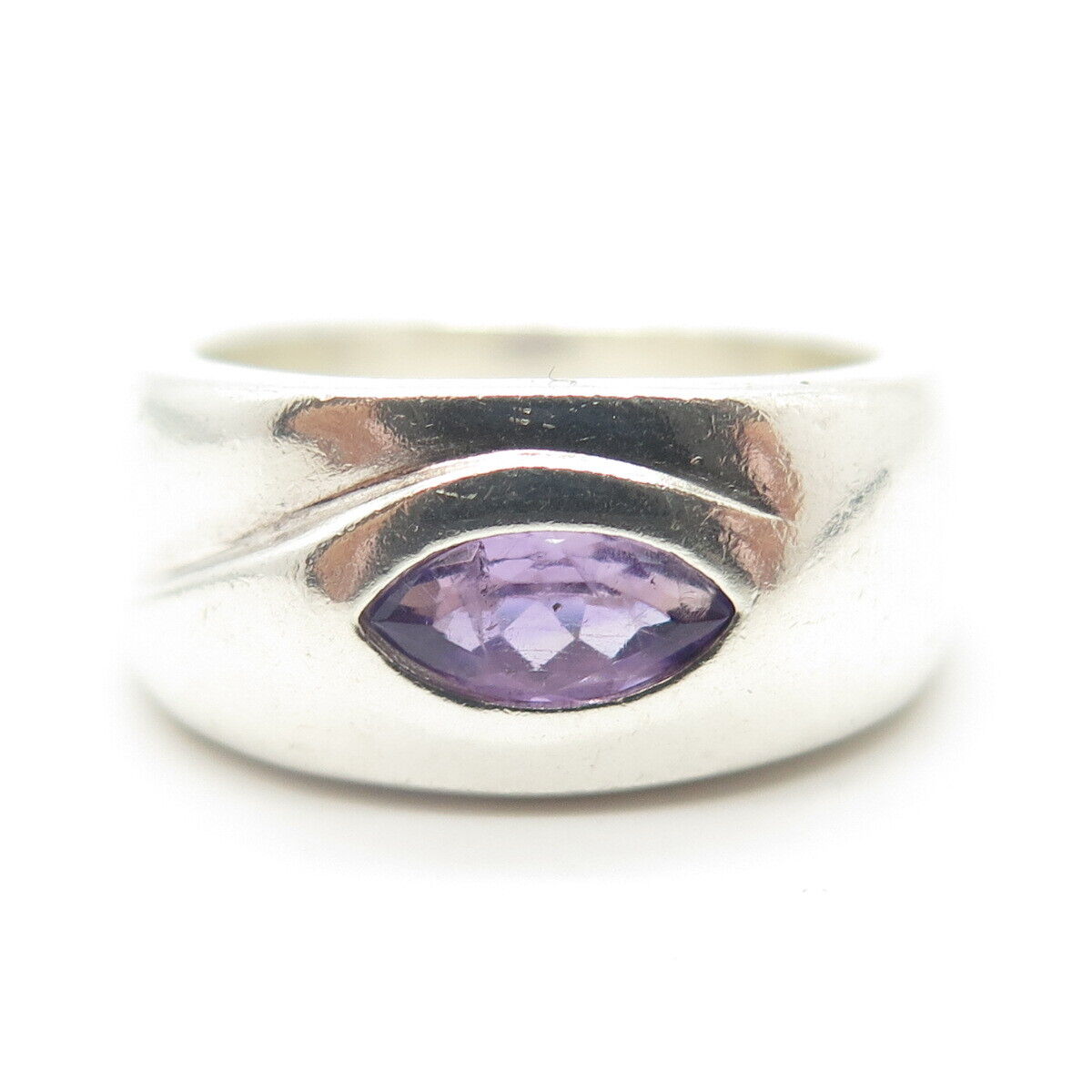 925 Sterling Silver Vintage Real Marquise-Cut Shaped Amethyst Gem Ring Size 7