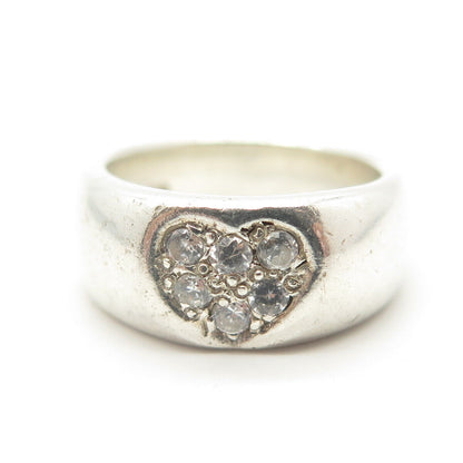 925 Sterling Silver Vintage Round-Cut Shaped C Z Heart Band Ring Size 4.5