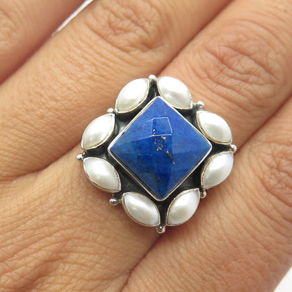 925 Sterling Silver Vintage Nikki Butler Real Pearl Lapis Lazuli Ring Size 10.25