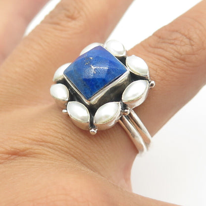 925 Sterling Silver Vintage Nikki Butler Real Pearl Lapis Lazuli Ring Size 10.25