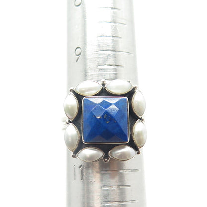 925 Sterling Silver Vintage Nikki Butler Real Pearl Lapis Lazuli Ring Size 10.25