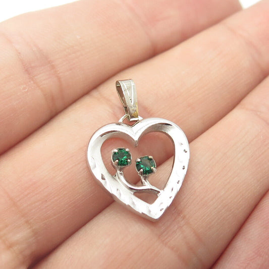 925 Sterling Silver Antique Art Deco Green Rhinestone Open Heart Pendant